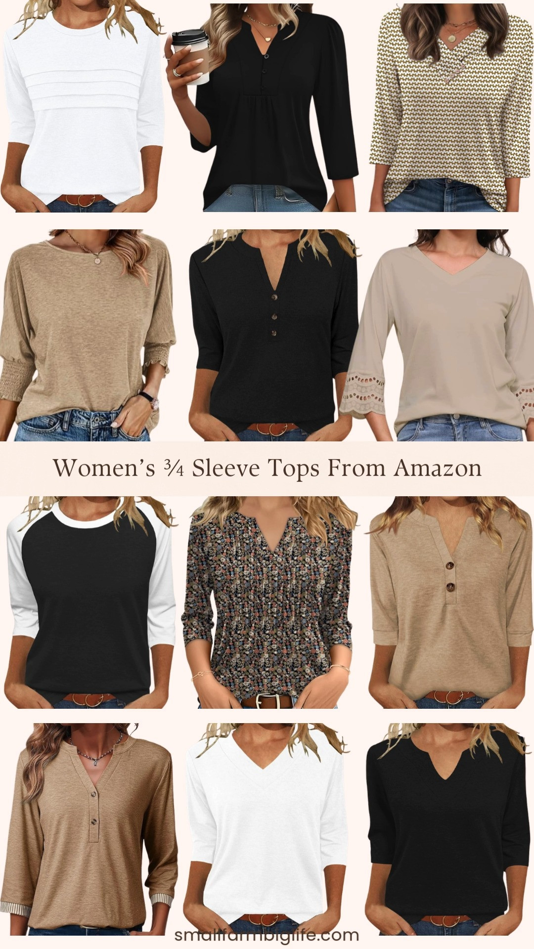 3/4 sleeve tops are that perfect in between layer 🤍✨

From classic tan and white staples to black dressy and casual V-neck styles and soft floral prints, these Women’s 3/4 Sleeve Tops from Amazon are easy to style for spring and summer. Pair with dark denim, white jeans, or trousers for effortless everyday outfits that feel polished but still comfortable 🤎 

 #LTKootd #LTKOver40 #LTKSaleAlert