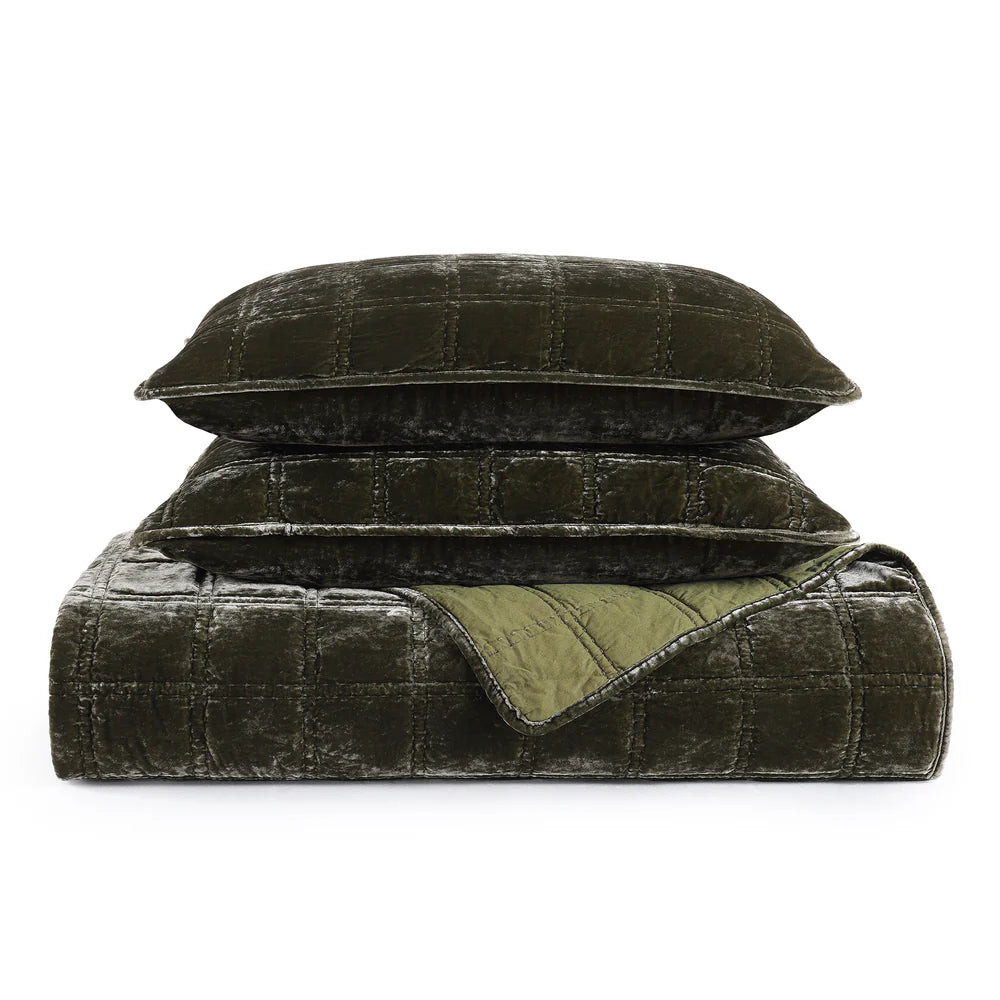 Sienna Faux Silk Velvet Double Box Stitch Quilt Set Fern Green | Mintly Home