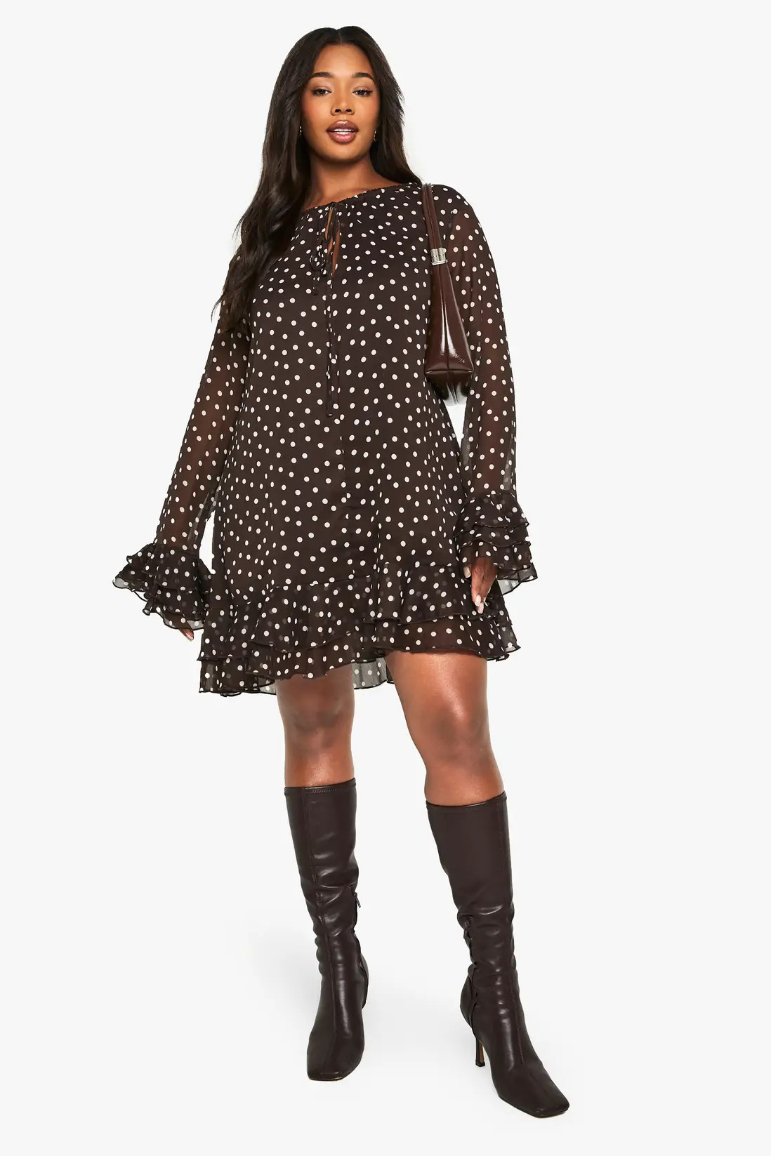 Brown boohoo Plus Polka Dot Chiffon Smock Dress | PrettyLittleThing USA | PrettyLittleThing US