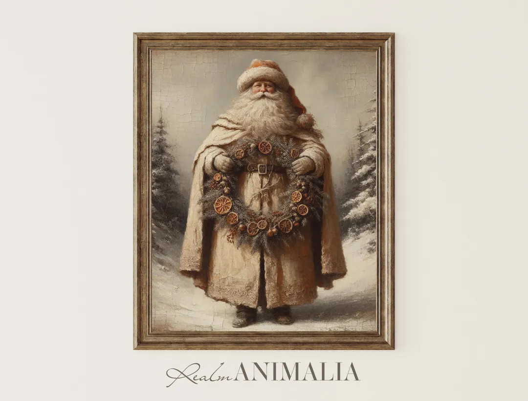 Vintage Santa Claus Art Print, Neutral Christmas Printable Wall Art, Antique Style Santa Painting... | Etsy (US)