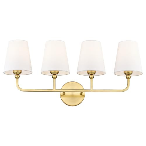 Bathroom Light Fixtures, 4 Light Brushed Gold Vanity Lights with Flared White Fabric Shade, 28 Inch Wall Sconce, Modern Sconces Wall Lighting for Hallway Bedroom, VL837-BG-4 | Amazon (US)