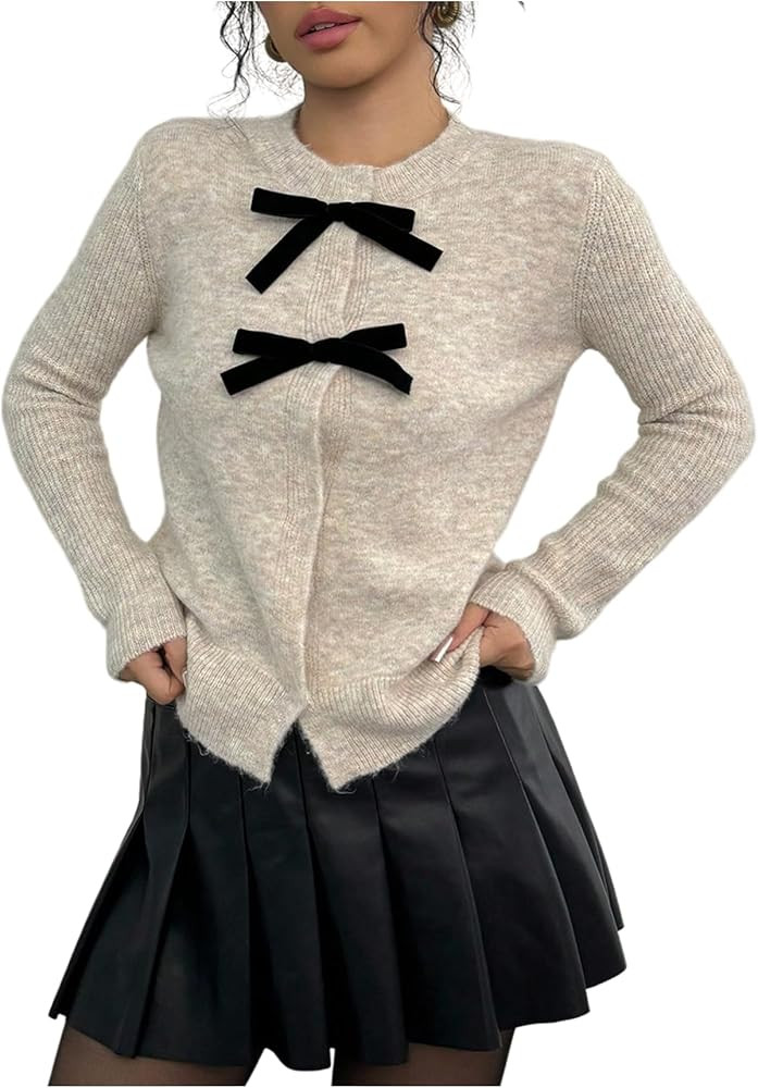 MakeMeChic Women's Bow Cardigan Sweaters Button Down Blouse Long Sleeve Crew Neck Y2k Knitted Swe... | Amazon (US)