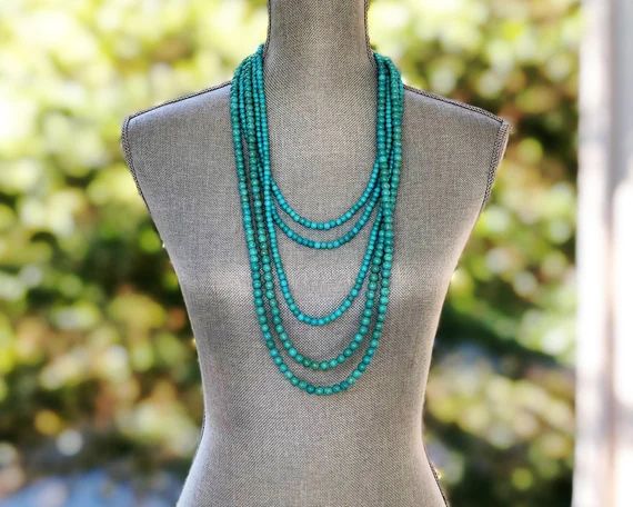 Long Multi Strand Turquoise Beaded Necklace, Turquoise Statement Necklace, Layered Turquoise Neck... | Etsy (US)