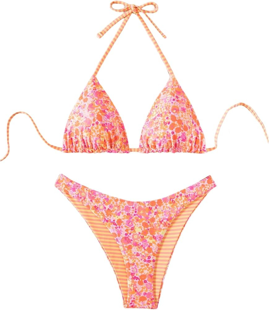WDIRARA Women's 2 Piece Floral Striped Bikini Set Halter String Thong Swimsuit High Cut Bathing S... | Amazon (US)