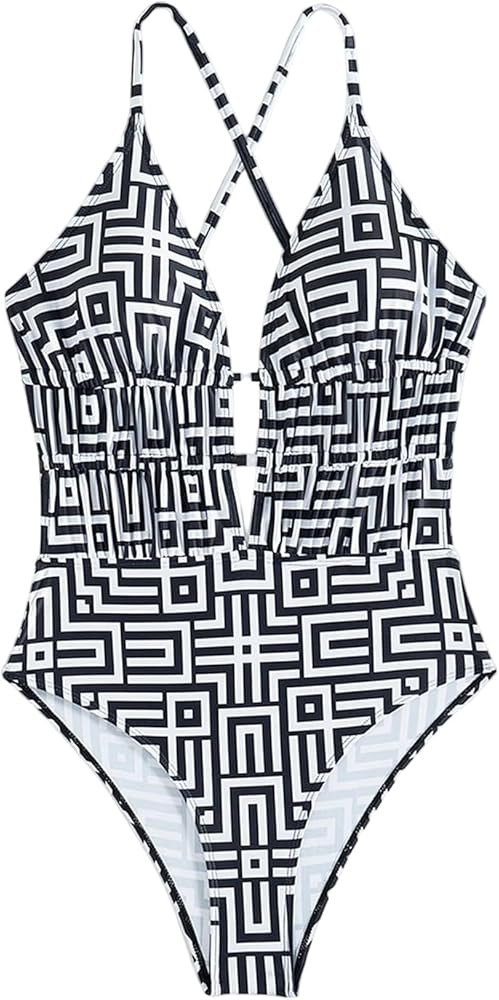 Verdusa Women's One Piece Elegant Graphic Swimsuit Criss Cross Tie Back Monokini | Amazon (US)