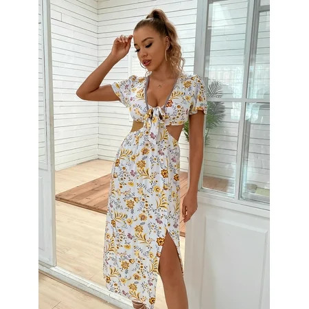 Women s Floral Print Knot Front Cutout Split Thigh Dress 51112W130275 | Walmart (US)