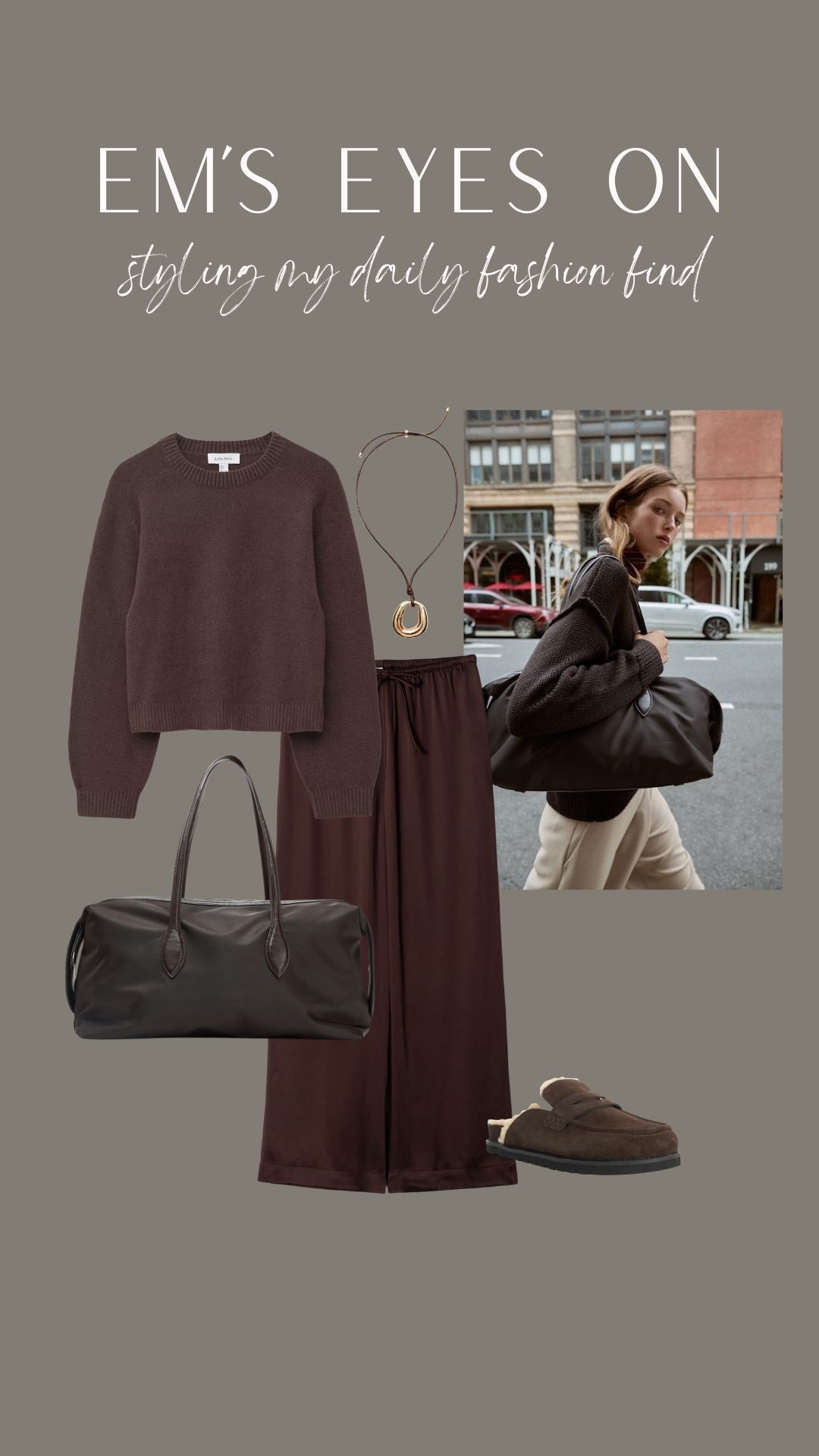 Em’s eyes on 👀 styling my daily fashion find
The perfect travel outfit styling the Zara bag 
Brown jumper, brown satin/silky trousers 


#LTKeurope #LTKautumn #LTKuk