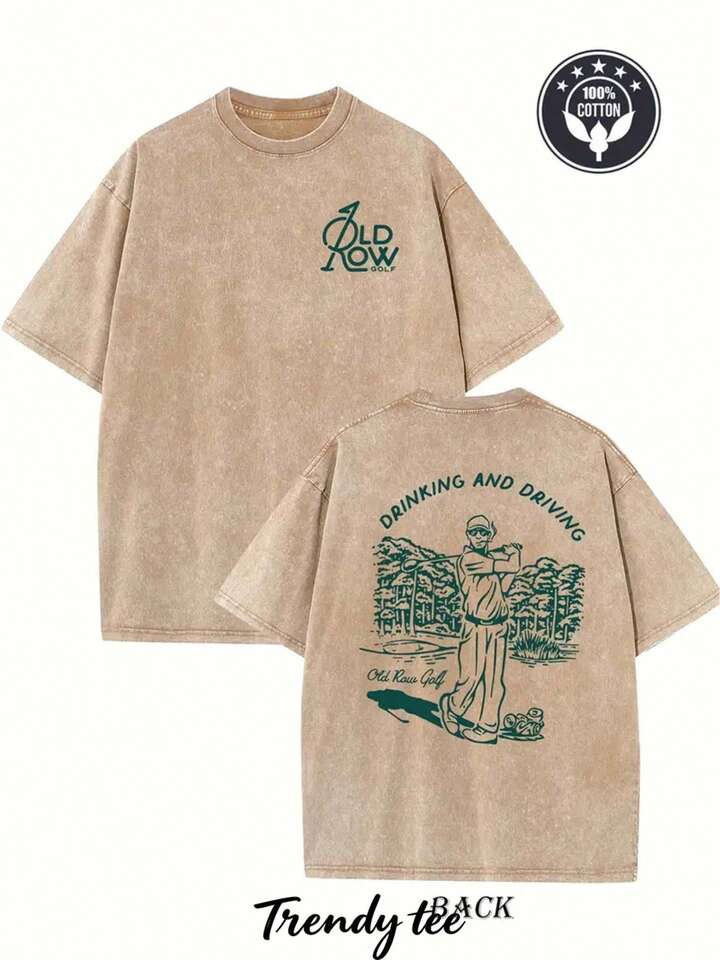 230G Washed Pure Cotton T-Shirt, Unisex, With 'DRINKING AND DRIVING Old Row Golf' Text And Golfer... | SHEIN
