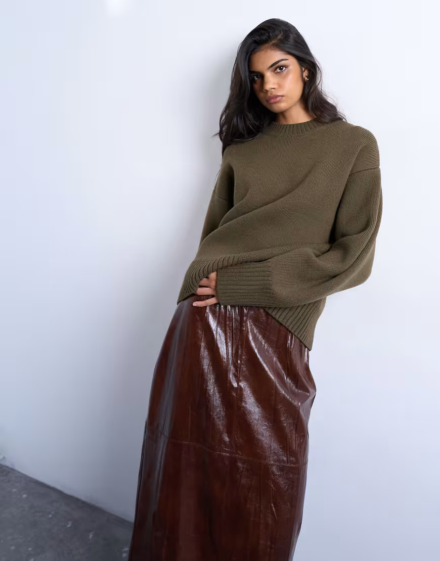 Topshop knitted chunky all needle clean crew jumper in khaki-Green | ASOS (Global)
