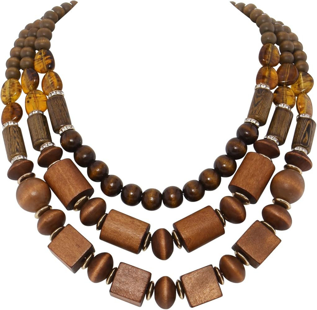 Coiris Layer Chunky Wood Beaded Necklace Exaggerated Statement Bead Collar Necklace Bib Necklaces | Amazon (US)