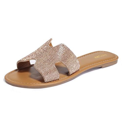 FITORY Womens Flat Sandals Slides Rhinestones Slip On Outdoor Shoes Size 6-11 | Amazon (US)