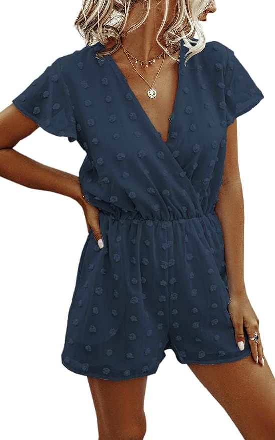 Angashion Women’s Rompers-Summer Deep V Neck Wrap Floral Polka Dot Short Sleeve Beach Short Jum... | Amazon (US)