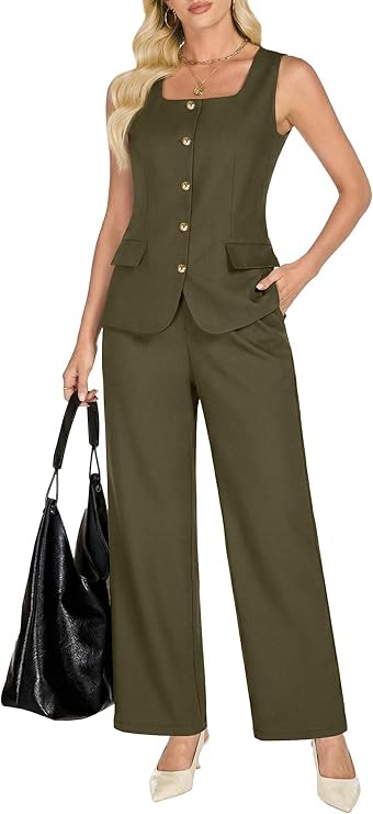 Pant Suits for Women Dressy 2 Piece Sets Sleeveless Blazer Vest Wide Leg Pants 2026 Summer Busine... | Amazon (US)