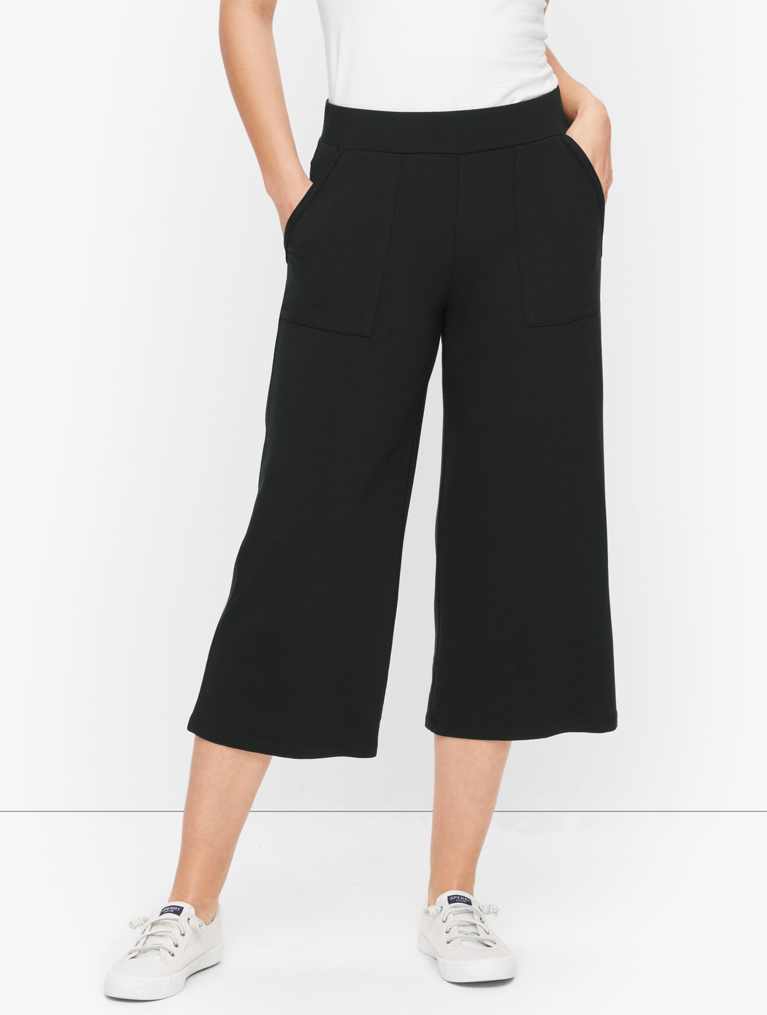 Pima Terry Wide Leg Crops Pants - Black - Medium Talbots | Talbots