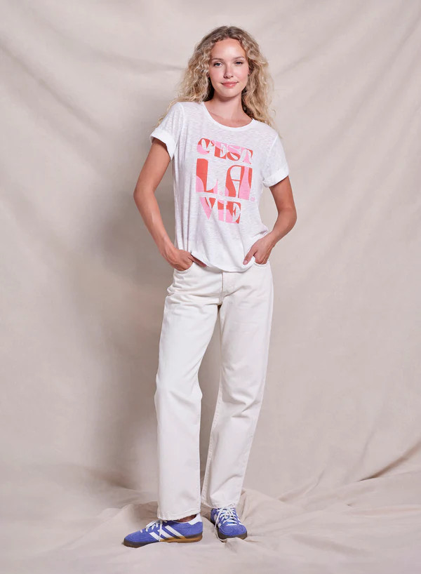 Women's Cest La Vie Rolled Sleeve Tee in Optic White | Sundry Clothing