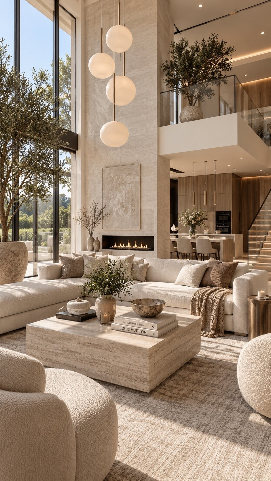 Shop This Room — link below. Recreate this bright double-height living room with a soft cream sectional, sculptural bouclé seating, a chunky travertine coffee table and oversized neutral textures. Floor-to-ceiling windows, warm globe pendant lighting, an elegant fireplace and organic greenery give the space an airy, sophisticated quiet-luxury feel.

#LivingRoomInspo #LuxuryLivingRoom #ModernLivingRoom #DoubleHeightLivingRoom #LivingRoomDecor #QuietLuxury #OrganicModern #NeutralLivingRoom #WarmModern #LuxuryInteriors #InteriorDesign #HomeDecor #ModernHome #LuxuryHome #LivingRoomIdeas #DesignerHome #NeutralHome #WarmMinimalism #TravertineDecor #InteriorInspo #HomeInspiration #DreamHome #LTKHome #LTKFinds #HomeFinds #LuxuryDecor