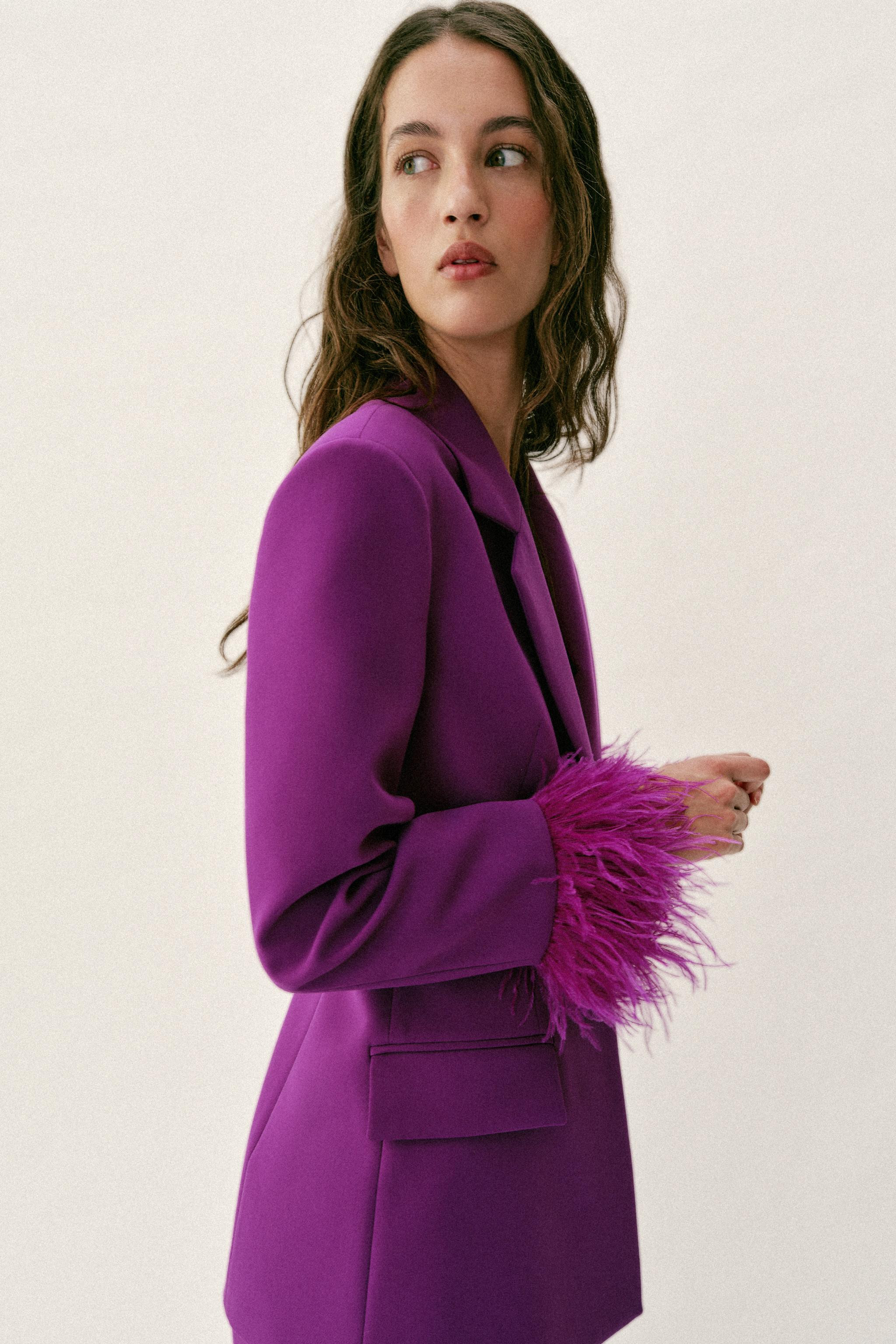 Blazer with lapel collar and long sleeves with shoulder pads, finished with feathers. Front flap ... | Zara US