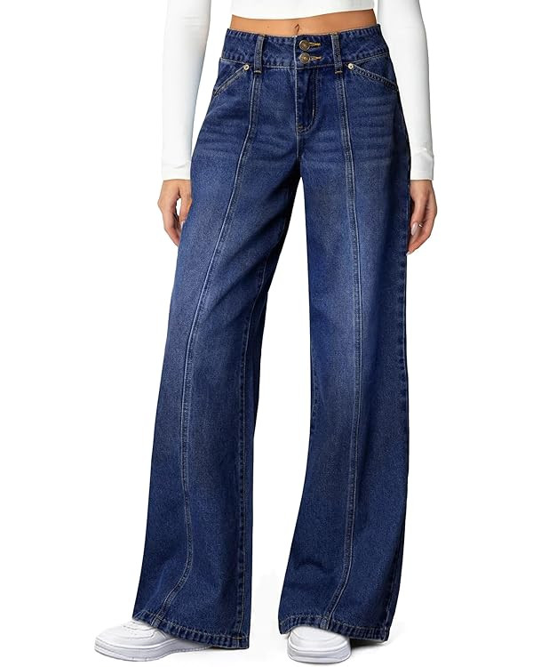 Sidefeel Women's Wide Leg Jeans High Waisted Stretchy Straight Leg Jeans Trendy Seamed Front Loos... | Amazon (US)