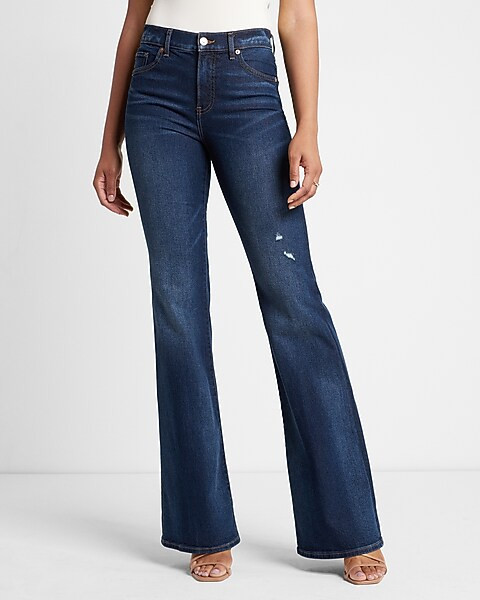 Mid Rise Dark Wash 70s Flare Jeans | Express