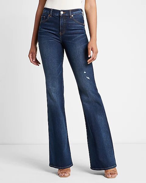 Mid Rise Dark Wash 70s Flare Jeans | Express