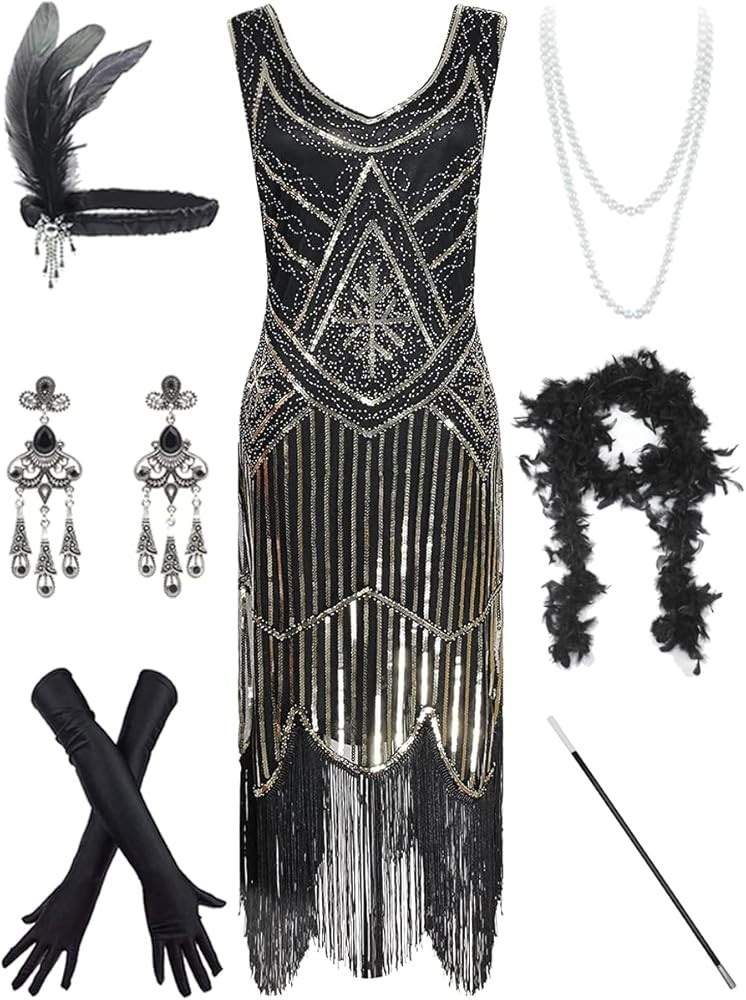 Women's Vintage 1920s Sequin Beaded Tassels Hem Flapper Dress w/Accessories Set | Amazon (US)