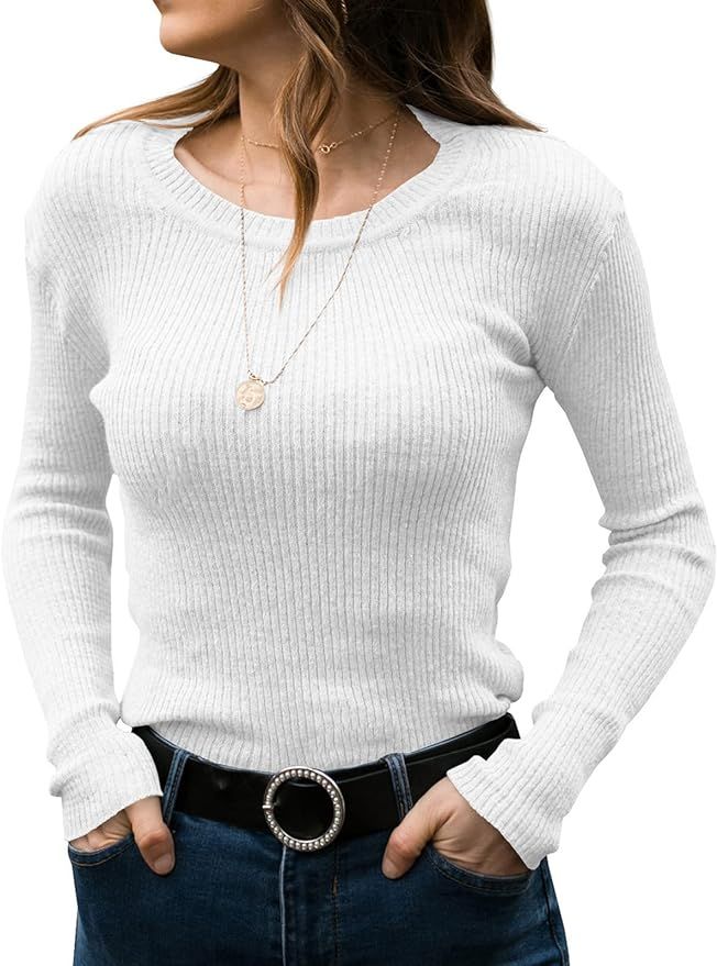 Hongqizo Women's Crew Neck Solid Knit Sweaters Long Sleeve Ribbed Sweater Slim Fit Knit Jumper Wh... | Amazon (US)