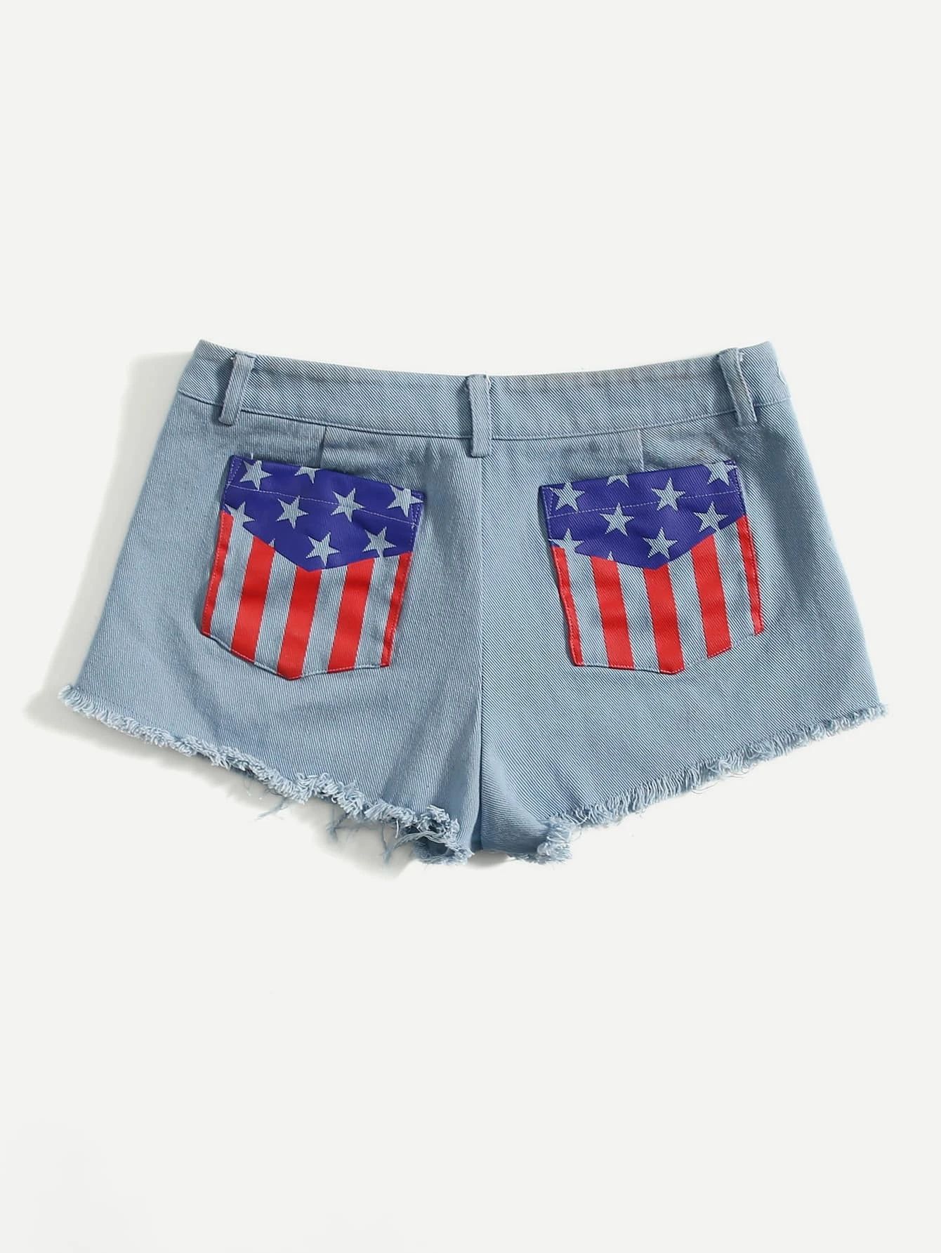 SHEIN American Flag Pocket Patched Raw Hem Denim Shorts | SHEIN