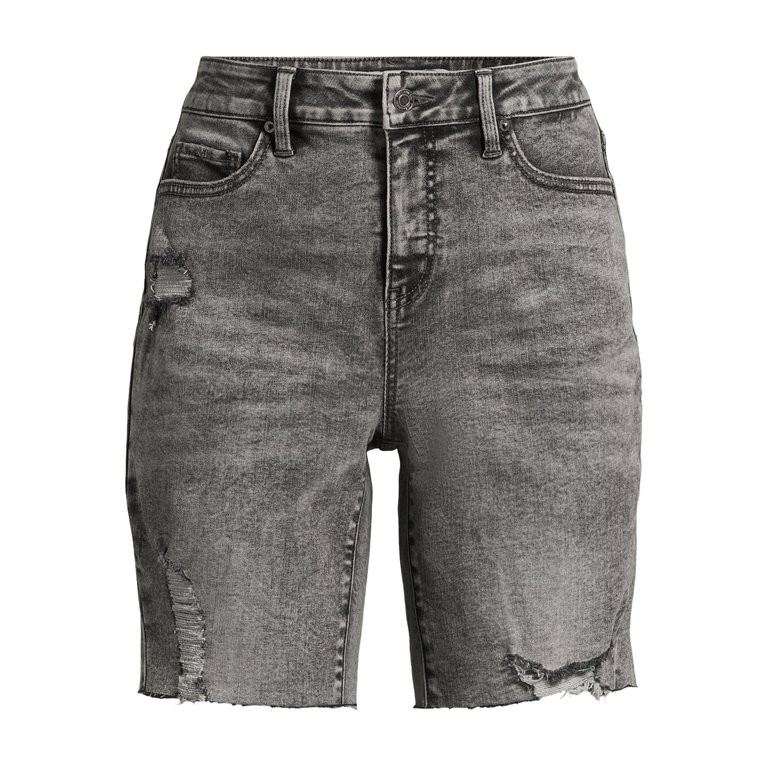 Time and Tru Women's Destructed Hem Denim Bermuda Shorts, 8.5” Inseam, Sizes 2-20 | Walmart (US)
