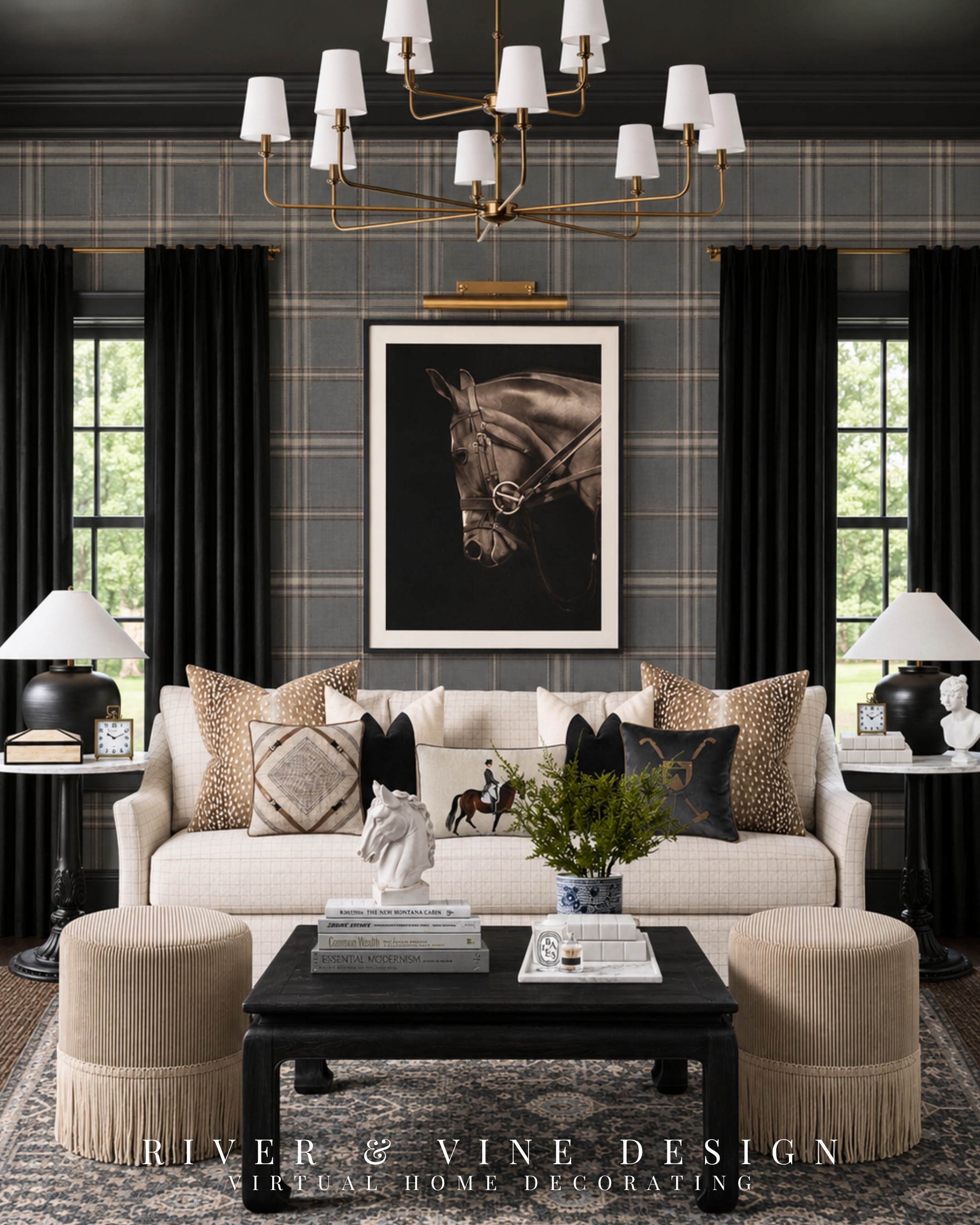 You love a dark room online—but when you try it at home, it feels heavy instead of polished.

The difference is contrast. This room pairs a black ceiling, black curtain panels, and charcoal plaid wallpaper with a cream sofa, white lampshades, and a light mat around the equestrian artwork. Those brighter pieces break up the dark surfaces without weakening the moody effect.

The warm brass chandelier and picture light prevent the gray-and-black palette from feeling cold, while the antelope-print pillows, riding-inspired textiles, fringed ottomans, and horse décor make the theme feel collected rather than overly literal. Tap to see the pieces used to balance this dark, equestrian-inspired living room.

dark traditional living room, charcoal plaid wallpaper, black ceiling living room, equestrian living room decor, cream sofa dark walls, horse artwork for living room, brass chandelier traditional, English country living room

I may receive a commission from purchases made through my links.

#LTKHome
