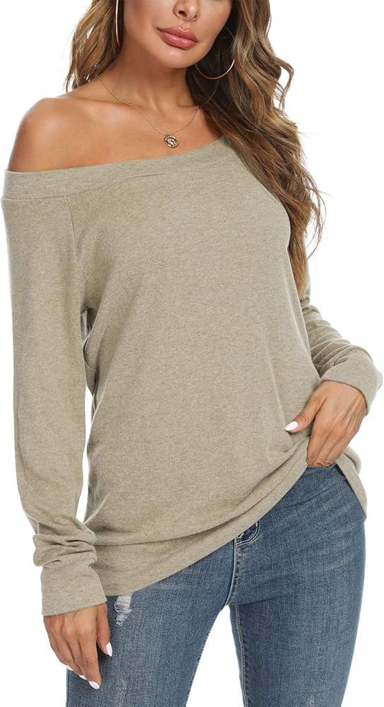 Womens Cute Sexy Off Shoulder Blouses Long Sleeve Boat Neck Tunics Tops | Amazon (US)