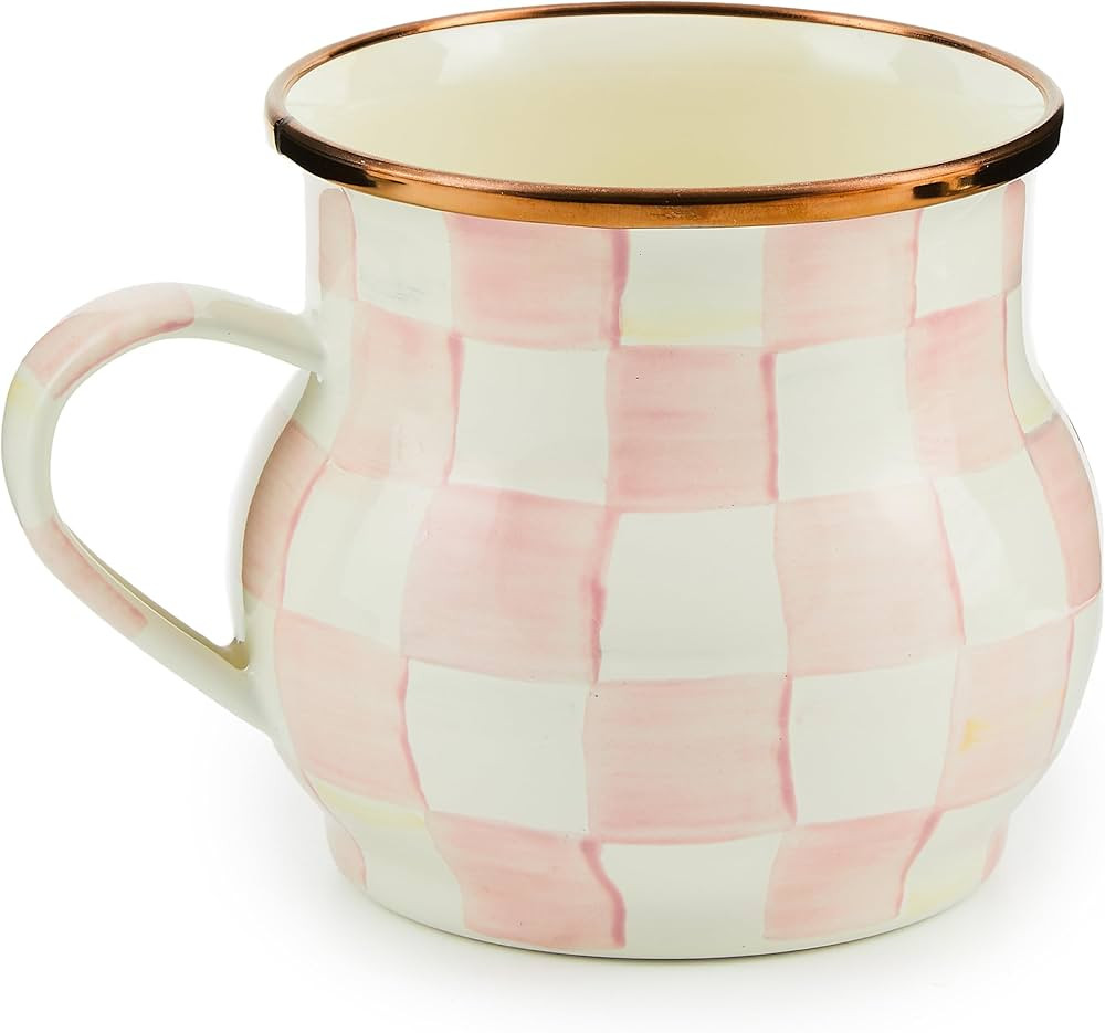 MACKENZIE-CHILDS Enamel Mug, Large Coffee Cup, 16 Ounces, Pink-and-White Rosy Check | Amazon (CA)