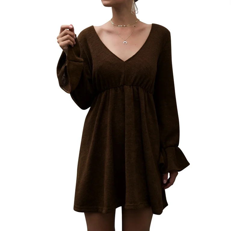 Women Deep V Neck Ruffled High Waist A-Line Mini Dress | Walmart (US)