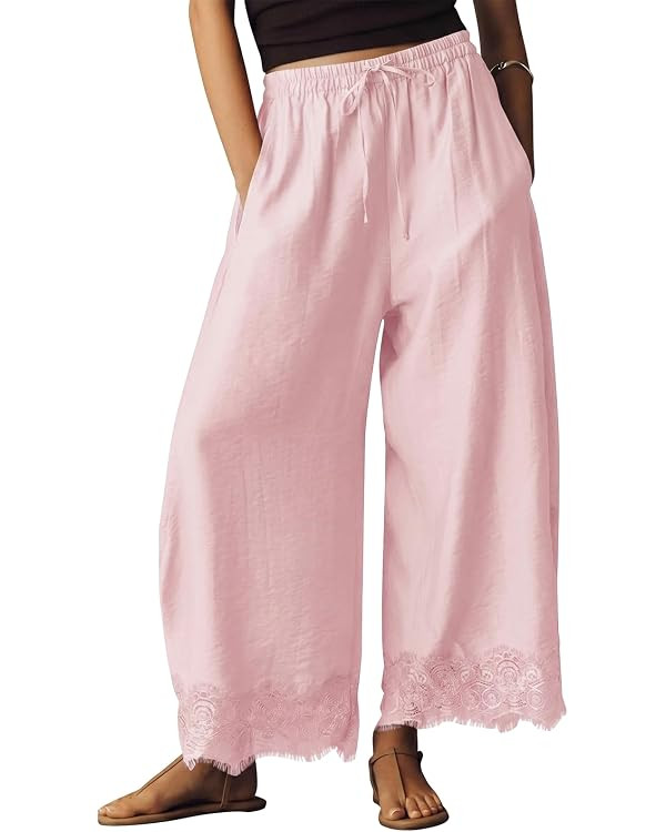 EXLURA Women Cotton Lace Trim Wide Leg Pants Summer Casual Cropped Drawstring Elastic Waist Light... | Amazon (US)