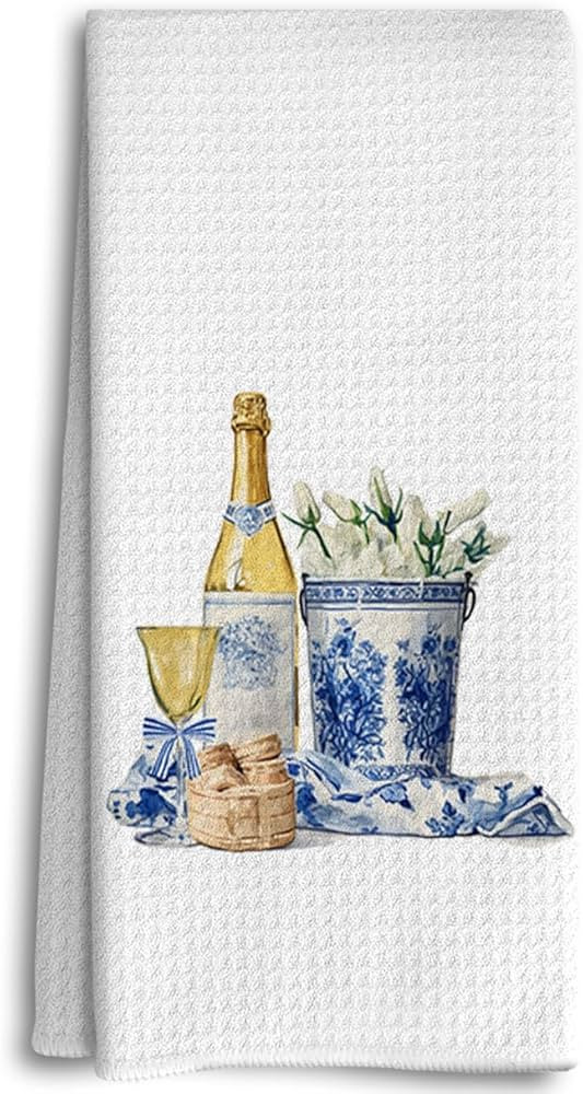 Blue and White Porcelain Champagne Hand Towels, Chinoiserie Kitchen Towels, Watercolor Glass Cup ... | Amazon (US)