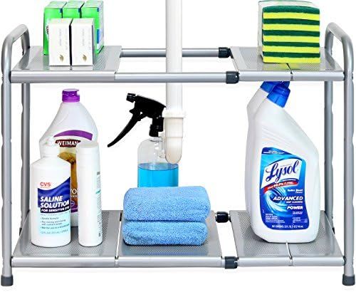 SimpleHouseware Under Sink 2 Tier Expandable Shelf Organizer Rack, Silver (expand from 15 to 25 i... | Amazon (US)