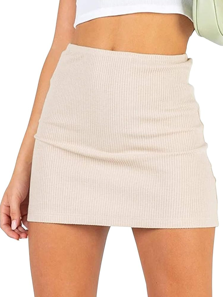 LYANER Women's Basic Ribbed Knit Stretchy Elastic Short Mini Pencil Bodycon Skirt | Amazon (US)