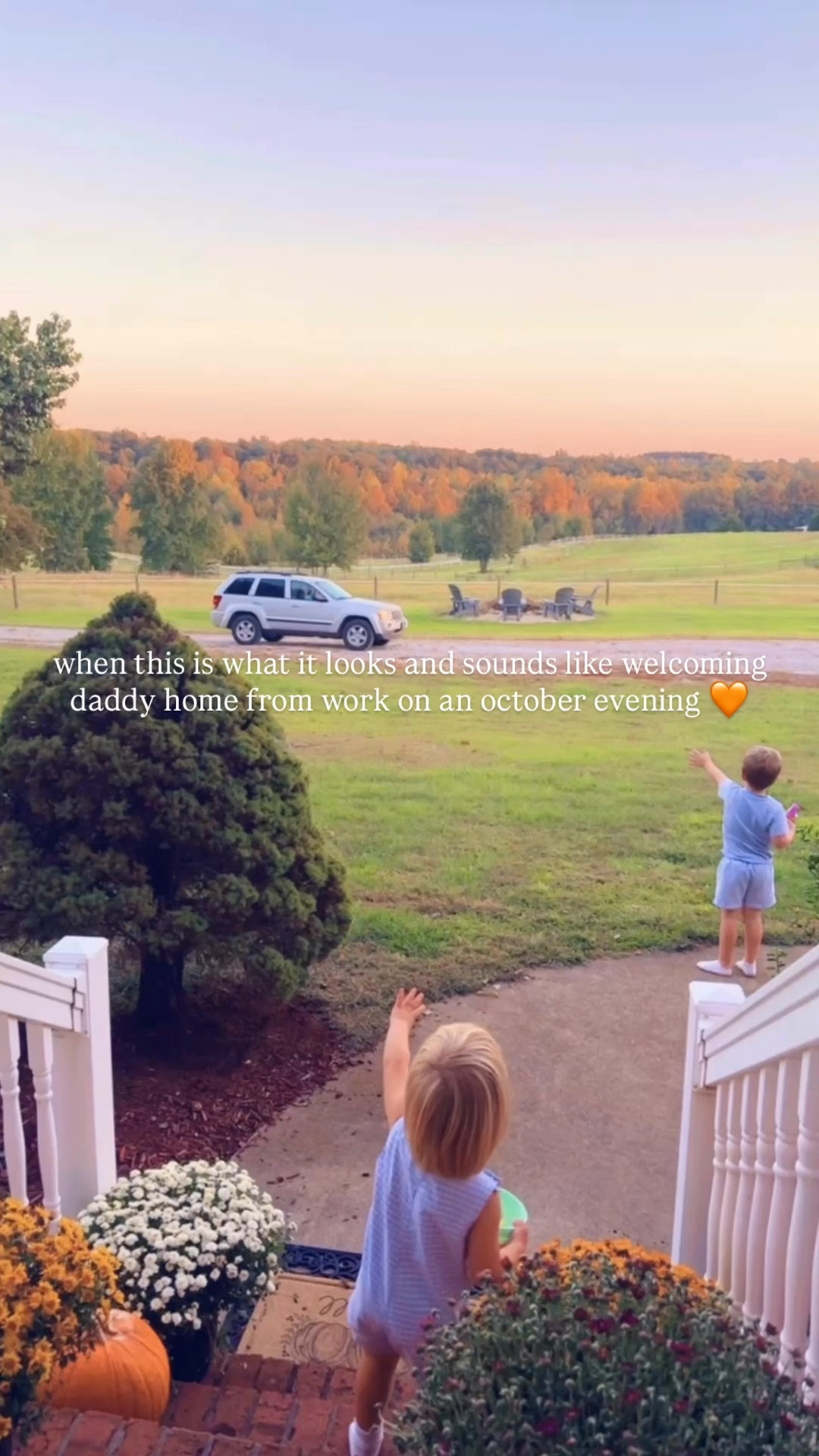 t h e  g o o d  o l ‘  d a y s 🥰🍂👶🏼🍁🌾🌼🛻🍃🧡🌳 #homesweethome #octobernights #octoberonthefarm #daddyshome #frontporchview 

The most beautiful view here on the farmhouse front porch as we were waiting on “Dada” to get home 🏡 from work tonight 🥰 - I mean, look 🤩 at all those changing leaves 🍁🍃🍂 - it just totally took my breath away!!!! 😍 This place is such a dream!!! 💭 

I just know it’s these (!!) precious moments 🎞️ I will be going back to on my dreams one day 🥹 - these happy happy babies 👶🏼 waving 👋🏼 and yelling “HEY DADDY” 🥰 at the top of their lungs 📣 hehe 🤭 as @wesmabry pulls up the driveway!!! 🛻 Oh how we all loveeeee daddy and our farm sweet farm - thank you, thank you, Jesus!!!! 🧡