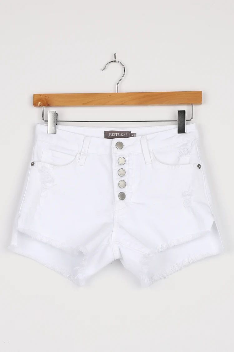 Fashion Essential White Distressed High Rise Denim Shorts | Lulus (US)