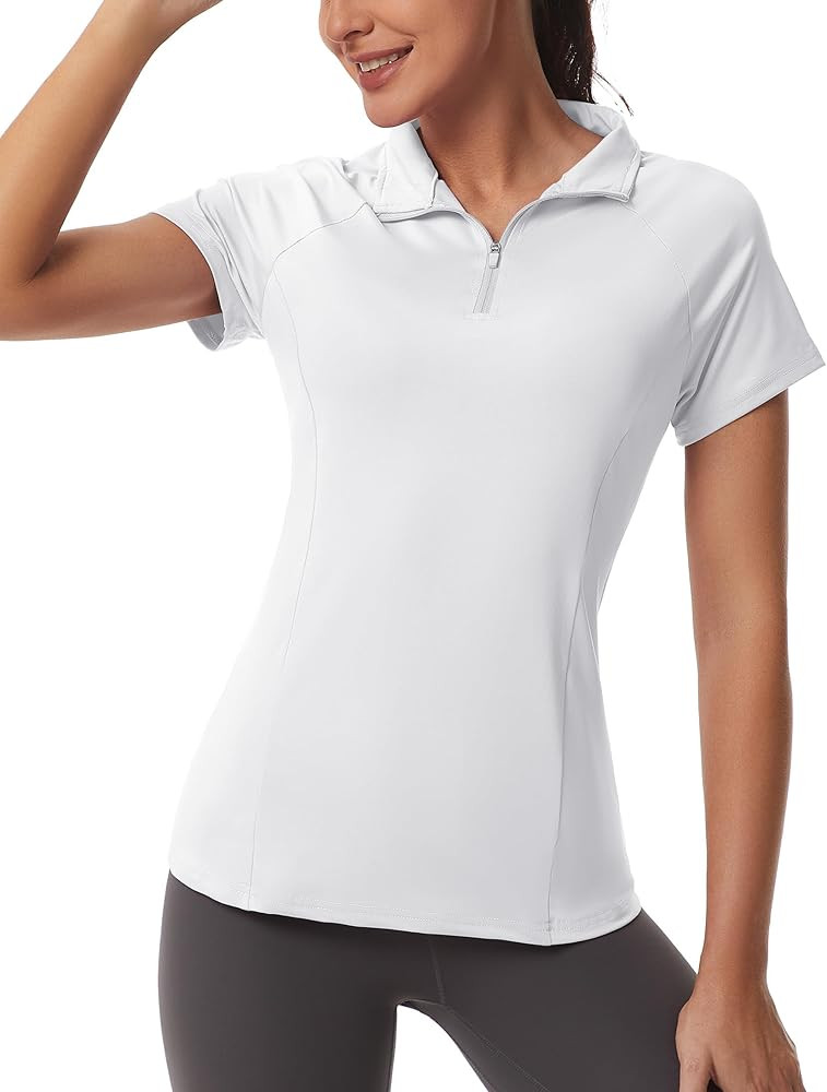 Women's Short Sleeved Polo Shirt Tennis Golf Workout Tops Sport Zipper V Neck | Amazon (US)