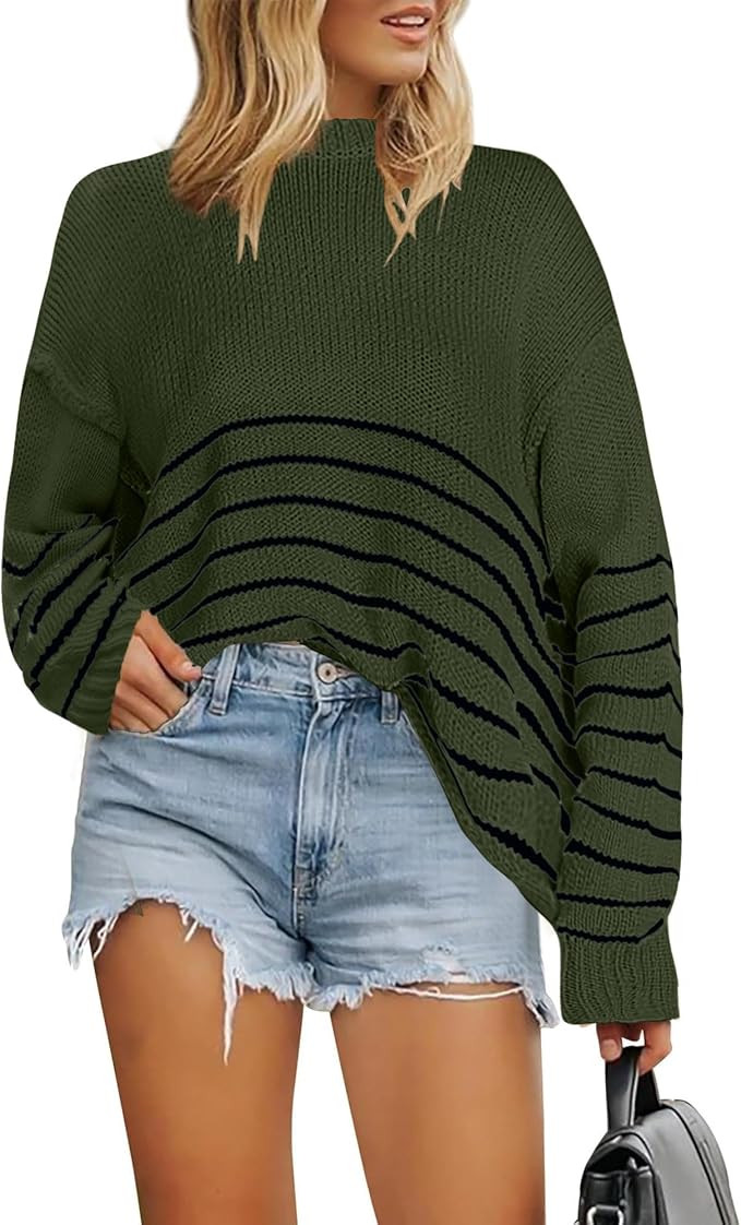 KIRUNDO Womens Sweaters Casual Oversized Striped Chunky Sweater Ribbed Long Sleeve Rolled Hem Fal... | Amazon (US)