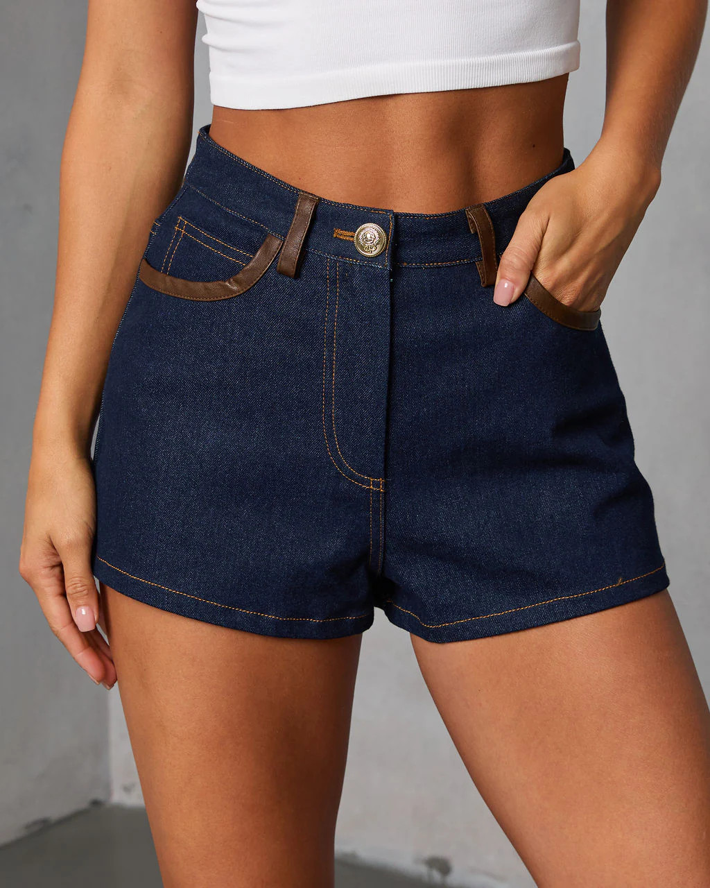 Remon Leather Trim Rigid Denim Shorts | VICI