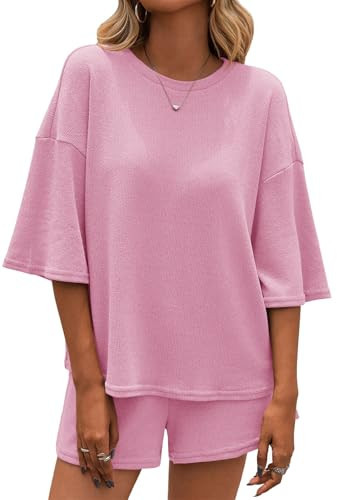 Tankaneo Womens 2 Piece Outfits Sweater Set Lounge Sets 3/4 Sleeve Oversized Tops and Elastic Waist Shorts Pajama Sets Pink | Amazon (US)