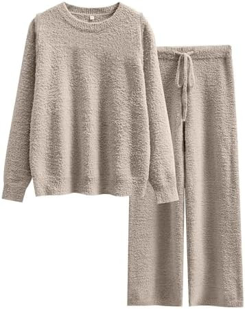 ANRABESS Women's Fuzzy Fleece Pajama Sets 2 Piece Outfits Long Sleeve Top Wide Leg Pants Lounge M... | Amazon (US)