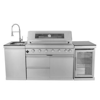 Stainless Steel 85 in. x 23 in. x 48 in. Outdoor Kitchen Cabinet Set with 6-Burner Gas Grill and Refrigerator | The Home Depot