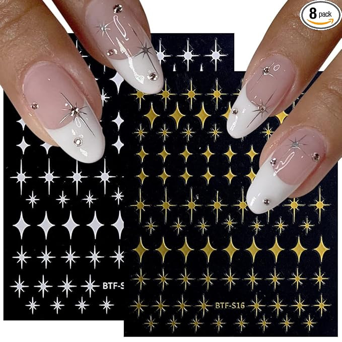 8 Sheets Star Nail Art Stickers Decals Self-Adhesive 3D Nail Art Supplies Gold Silver Black White... | Amazon (US)