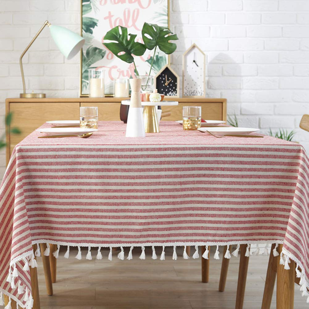 AMZALI Stripe Tassel Tablecloth Cotton Linen Stain Resistant/Dust-Proof Waterproof Table Cover fo... | Amazon (US)