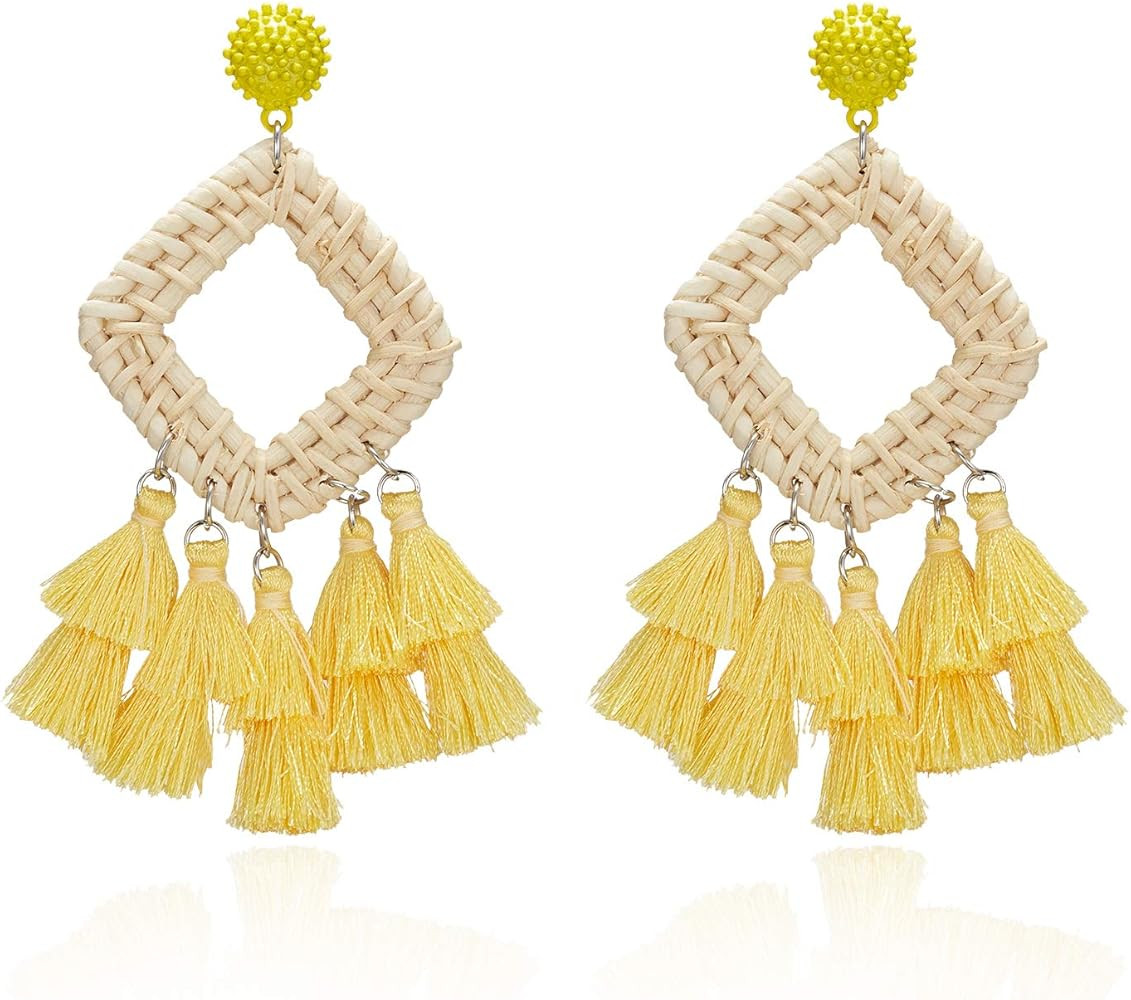 Rattan Earrings Handmade Straw Tassels Statement Bohemian Lightweight Drop Dangle Geometric Woven... | Amazon (US)