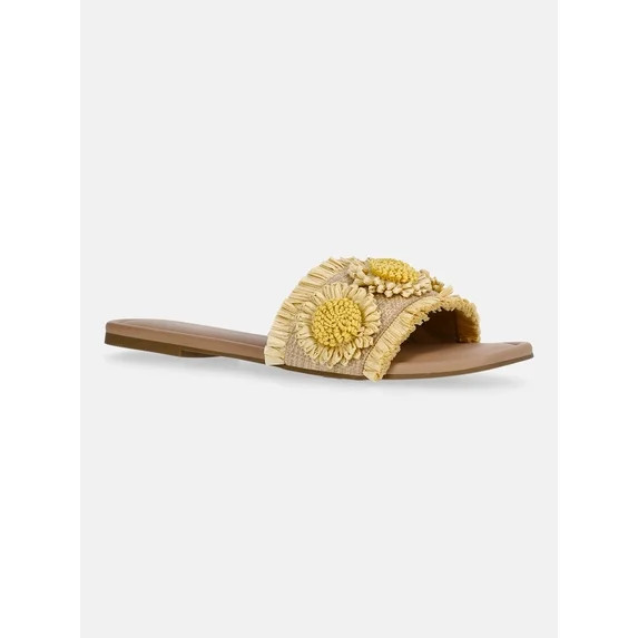 Time and Tru Women's Faux Raffia Daisy Slide Sandals | Walmart (US)