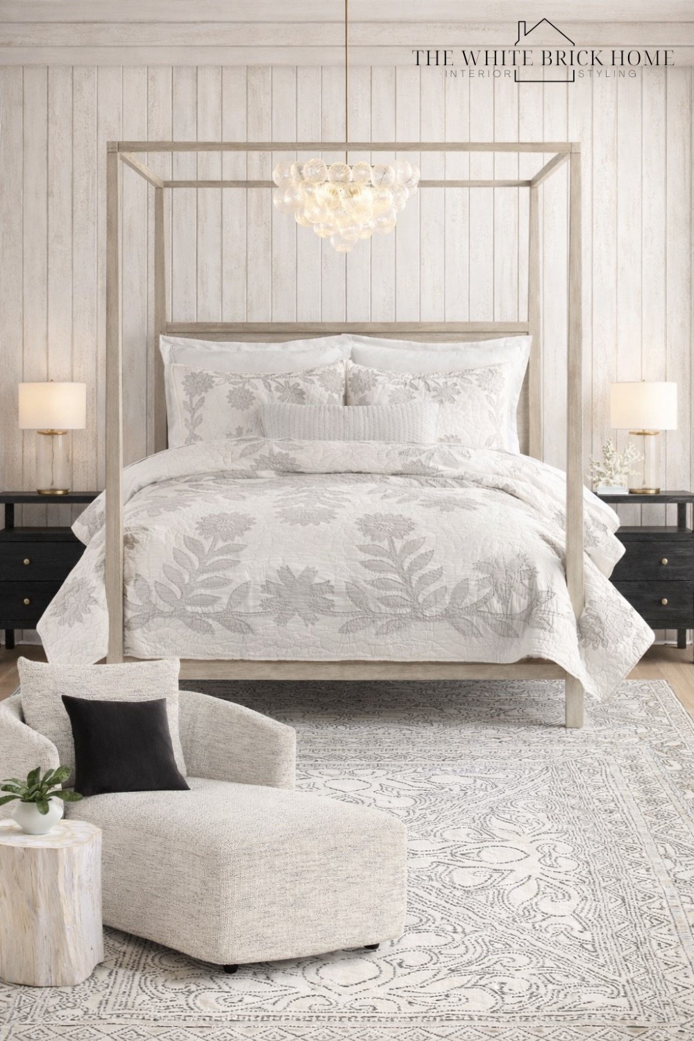 A serene coastal retreat where weathered white paneling, airy textures, and soft neutral layers create a calm, elevated bedroom. 
🖤🖤
Bed, bedroom, bedroom decor, bedroom ideas, bedding, canopy bed, area rug, bedroom decor, bedroom ideas, coastal bedroom, bedroom lighting, chandelier, bubble chandelier, table lamp, lamp, bedside lamp, nightstand, throw pillows, accent table, home design, coastal bedroom, coastal decor, coastal accessories, Serena and lily, pottery barn 


#LTKHome #LTKSeasonal #LTKSaleAlert