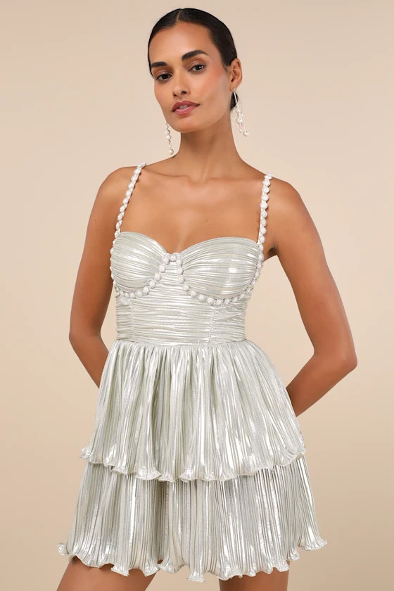 Glorious Shine Champagne Metallic Pearl Tiered Mini Dress | Lulus